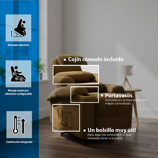 Sillón Masajeador Reclinable, Calentador y con Elevador Electrico Color Chocolate