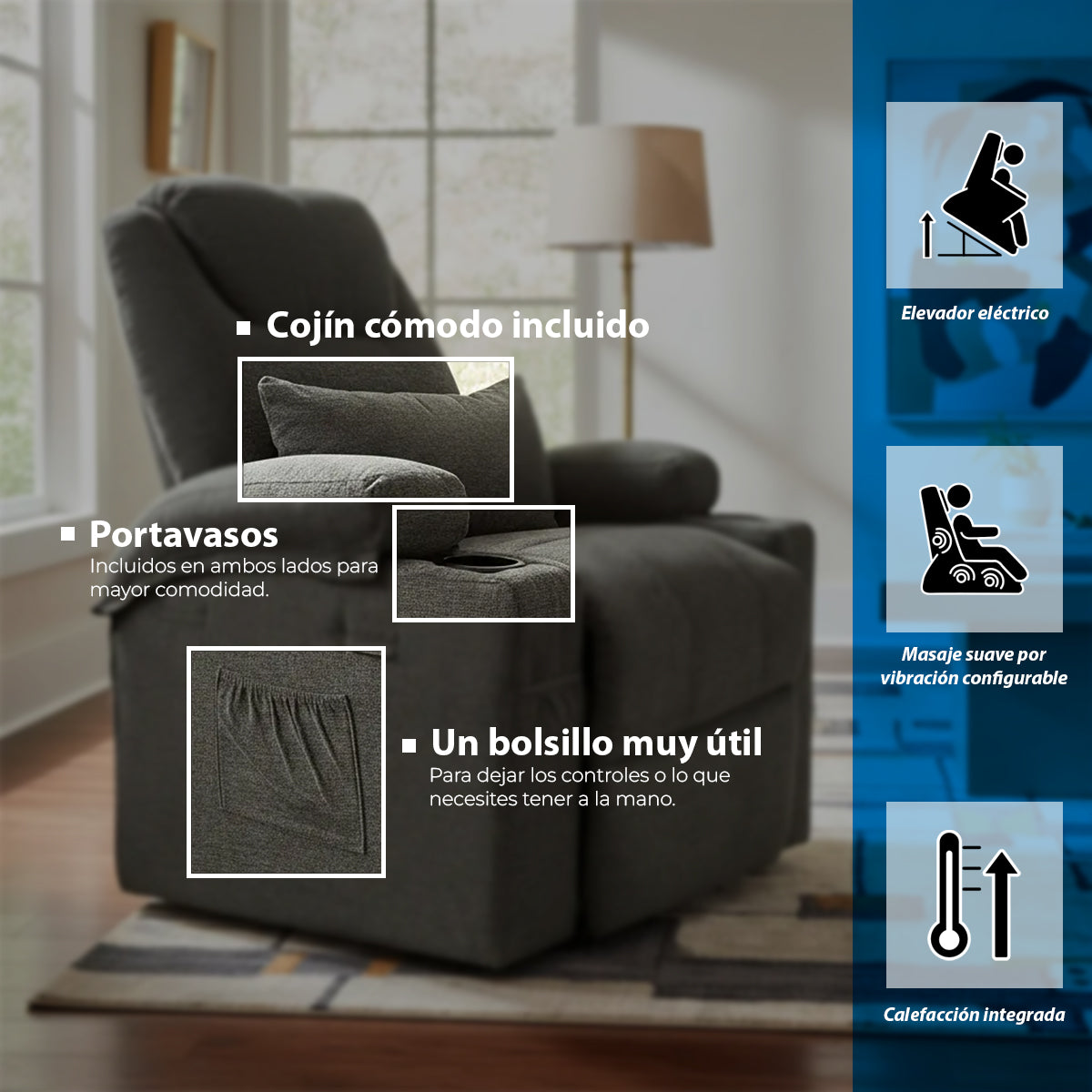 Sillón Masajeador, Reclinable, Calentador y Elevador Eléctrico Gris