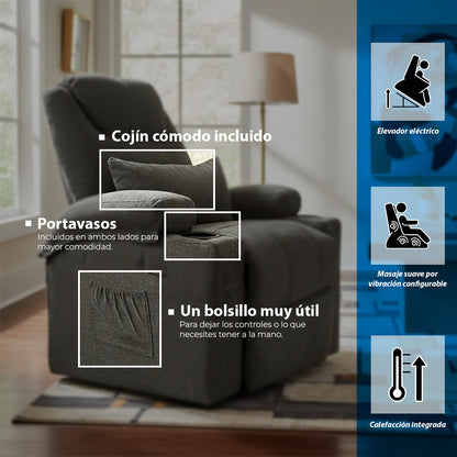 Sillón Masajeador, Reclinable, Calentador y Elevador Eléctrico Gris