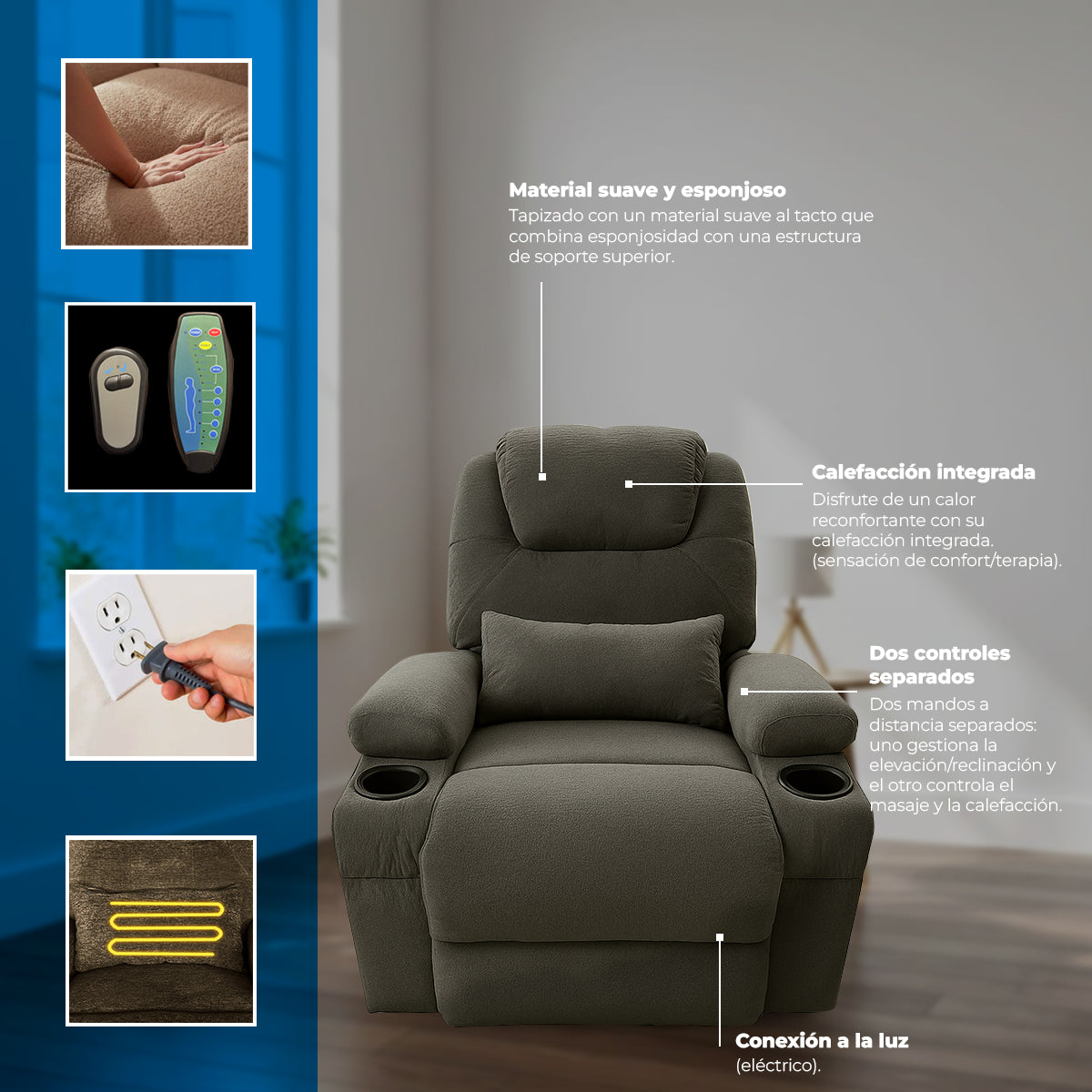 Sillón Masajeador, Reclinable, Calentador y Elevador Eléctrico Gris