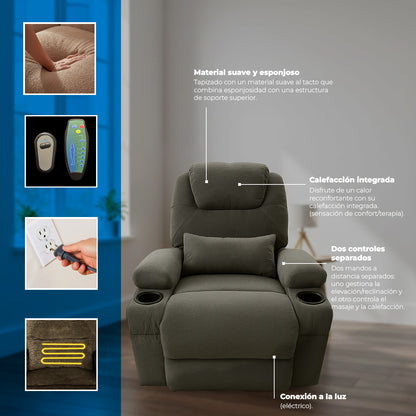 Sillón Masajeador, Reclinable, Calentador y Elevador Eléctrico Gris
