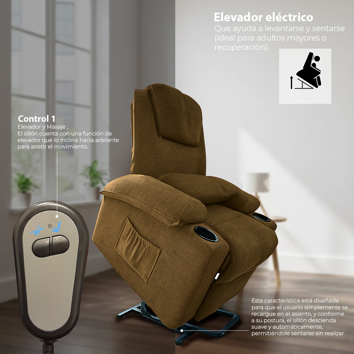Sillón Masajeador Reclinable, Calentador y con Elevador Electrico Color Chocolate