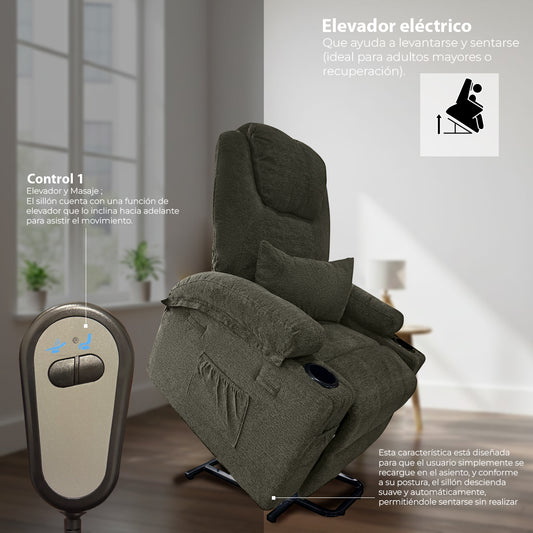 Sillón Masajeador, Reclinable, Calentador y Elevador Eléctrico Gris