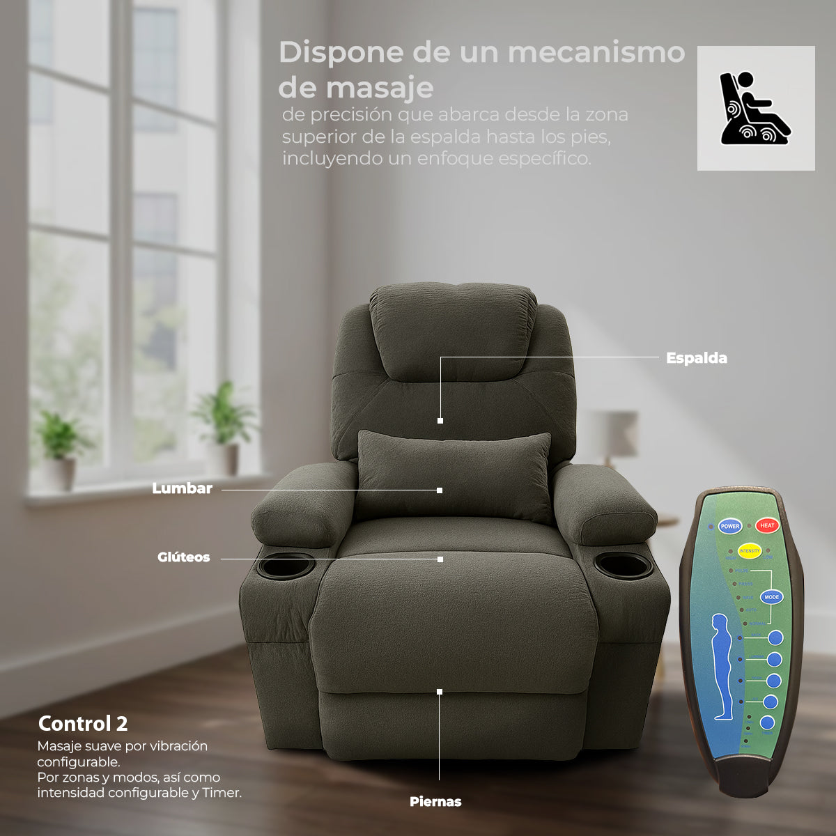 Sillón Masajeador, Reclinable, Calentador y Elevador Eléctrico Gris