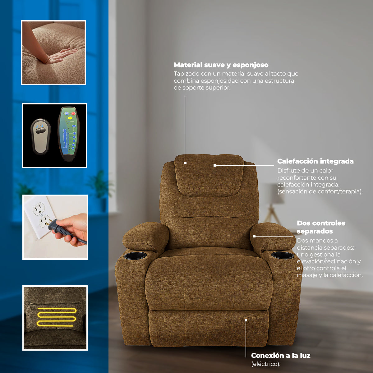 Sillón Masajeador Reclinable, Calentador y con Elevador Electrico Color Chocolate