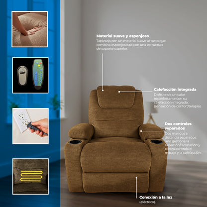 Sillón Masajeador Reclinable, Calentador y con Elevador Electrico Color Chocolate